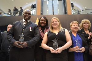 Farley Flex with Mitzie Hunter, Ontario Associate Minister of Finance (Ontario Retirement Pension Plan) and Sports honouree Cherie Piper gather at the Walk of Fame. Gerald V. Paul photo.