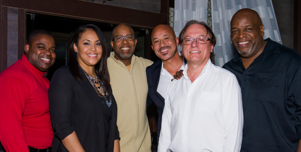 From left, Selena Evangeline is surrounded by her bassist Dane Wedderburn, Parasol’s Dave Douglas and Steve Thomas, keyboard player Joe Palawan and drummer Shamakah Ali.