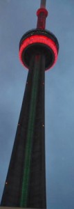 For the first time, the CN Tower glows in red, black and green for Black History Month. Gerald. V. Paul photo.