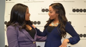 Michelle Richards congratulates TV reporter Patricia Jaggernauth, winner of the Harry Jerome media award. Gerald V. Paul photo.