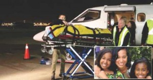 Elissa Antonio is taken from a plane to an ambulance in Toronto after being flown back from Trinidad where she was injured in a 40-foot fall. Antonio, inset centre, is shown with her daughters.