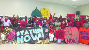 Farm workers and supporters meet at Kingsville community centre in Southern Ontario before the "Harvesting Freedom" caravan left Leamington, Ontario.