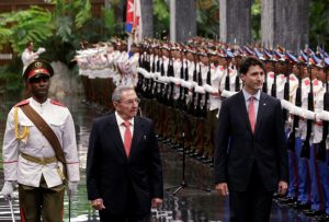 President Raul Castro welcomes Prime Minister Justice Trudeau to Cuba in a ceremony in Havana on Tuesday.
