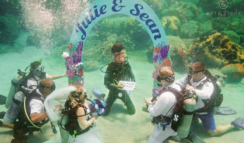 Bride and Groom all washed up at their bubbly and unique St Lucian wedding